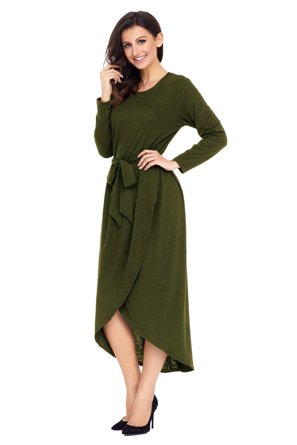 BY61818-9 Olive Tulip Faux Wrap Sash Tie Jersey Dress